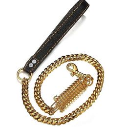 15MM Heavy Duty Dog Leash Stainless Steel Gold Cuban Curb Chain Labor-Saving Spring Dog Leash With Genuine Leather Handle1 2 3FTQ0203K