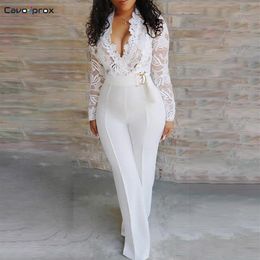 Women Plunge V-neck Lace Bodice Insert Bodycon Wide Leg Jumpsuit Solid Casual Elegant White Long Sleeve Jumpsuits289j