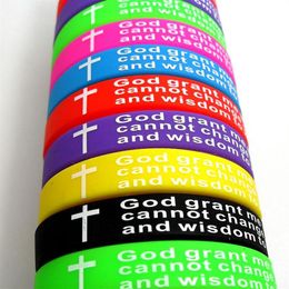 30pcs Colour Mix Serenity Prayer GOD GRANT ME Bible Cross Silicone bracelets Fashion Wristbands whole Men Women Ch259u