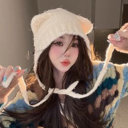 BeanieSkull Caps Autumn Winter Cute Bear Ear Thermal Knitted Hat Women with Tape Protection Beanie Japanese Korean Versatile Skullies 231013