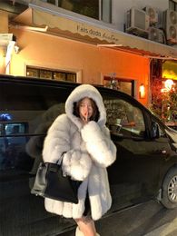 Women's Fur Faux Fur Winter Hooded Fur Long Coat For Women Luxury White Real Fur Coat With Hood Plus Size Jacket With Natural Fur Female 231013