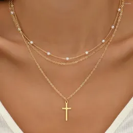 Pendant Necklaces Creative Alloy Gold Colour Pearl Cross Heart Multilayer Necklace For Women Girls Jewellery Charms Clavicle Chain