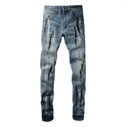 Men's Jeans Men Painted High Stretch Denim Streetwear Skinny Tapered Pants Blue Trousers Quality
