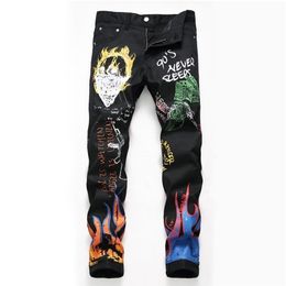 Flash Fire Print Jeans Men Pantalon Homme Letter Print Men Skinny Jeans Noir Homme Punk Hip Hop Crazy Print Denim Trouser X0621226G