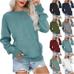 Women's Hoodies Solid Crew Neck Sweatshirt Women Long Sleeve Pocket Oversized Hoodie Pullover Drop Shoulder Casual Lightweight