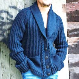 Men's Sweaters Cable Knit Cardigan Sweater Shawl Collar Loose Fit Long Sleeve Casual Cardi Blue Polyester Solid Colour