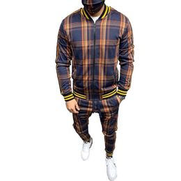 Casual Plaid Mens Tracksuits Long Sleeve Jacket Jogger Sets XXXL Plus Size Mens Two Piece Sets2397