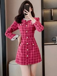 Basic Casual Dresses High-Quality Small Fragrant Wind Tweed Dress New Autumn Winter French Light Luxury Celebrity Plaid Woollen Short Dresses Vestidos 2024