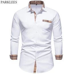 Men's Casual Shirts PARKLEES Autumn Plaid Patchwork Formal Shirts for Men Slim Long Sleeve White Button Up Shirt Dress Busine233Z