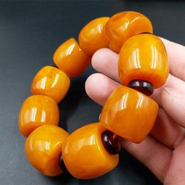 20mm Yellow Beeswax Old Honey Wax Amber Bracelet Round barrel Bead Row Men Hand Bangle Suitable for 15-25cm282d