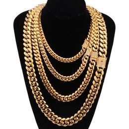 8-18mm wide Stainless Steel Cuban Miami Chains Necklaces CZ Zircon Box Lock Big Heavy Gold Chain for Men Hip Hop Rock jewelry266E