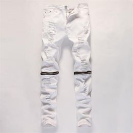Ankle Zipper Mens Jeans Slim Straight Distressed Hole Ripped Jeans Men Black White Red Skinny Jogger Pants Male Designer Trouser234x