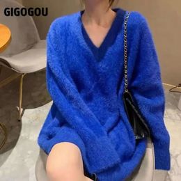 Womens Sweaters GIGOGOU Oversized Casual Loose Women Cashmere Sweater V Neck Mink Warm Woman Pulloveers And Sweaters Elegant Christmas Knitwear 231013