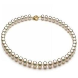 Charming natural 8-9mm white AKoya pearl necklace 18inch 14k gold clasp222Q
