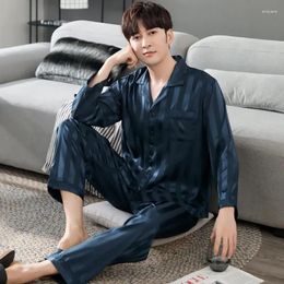 Men's Sleepwear Male Piece Suits Set Print Sleeve Silk Lapel Long Pyjama Pajama Pijama Striped Pants Homewear Shirt Satin 2 Faux