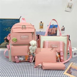 School Bags 4 Pcs Set Stamp Women Laptop Backpack For Teenage Girls 2023 Canvas Simple Toy Student Kid Book Bag Rucksack