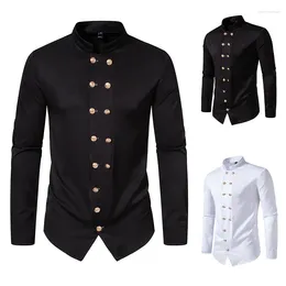 Men's Dress Shirts Blouse Spring And Autumn Double Breasted Stand Collar Long Sleeve Slim Fitted Solid Color Henry Casual Top