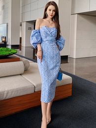 Basic Casual Dresses Bohemian Sexy Women Maxi Dress Blue Jacquard Strapless Off Shoulder Puff Sleeve Midi Print French Style Lady Long Robe Vestido 2024