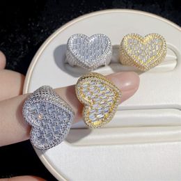 Big Heart Shaped Ring Full Paved White Baguette CZ Iced Out Bling Square Cubic Zircon Fashion Lover Jewelry for Women Men287j