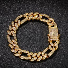 Iced Out Figaro Bracelet 13mm Bling Miami Cuban Link Full Rhinestones Hiphop Mens Bracelets Hip Hop Jewelry2944