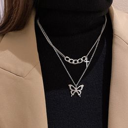 Hip Hop Punk Silver Colour Cross Butterfly Pendant Necklace For Women Personality Double-Layer Chains Necklace Men Street Style Jewellery Wholesale YMN056