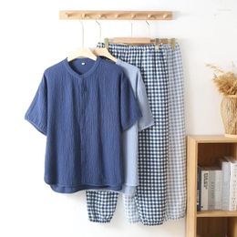 Men's Sleepwear Layer Sleeved Size Cotton Pure Large 2023 Fitting Plaid Double Home Set Short Wear Loose Pants Round Pajama Summer Neck