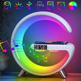 Desk Table Clocks Bluetooth Speaker LED Alarm Clock.RGB Colorful Atmosphere Night Light Lamp.Sunrise Simulation Wake Up.15W Wireless Phone Charger 231013