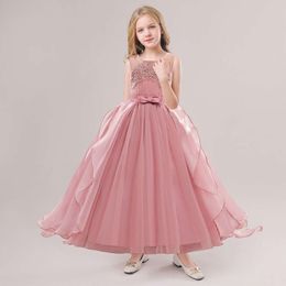 New Girls' Embroidered Flower Evening Dress Mesh Tug Long Dress Piano Performance Dress