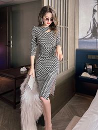 Basic Casual Dresses Fashion Elegant Office Women Dress O-neck Knee-Length Female Clothes Asymmetrical Hollow Plaid Split Bodycon Skinny Lady Dress 2024