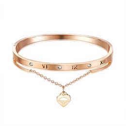 Fashion luxury designer beautiful sparkling diamond zircon heart charms bangle bracelet for woman girls 17 cm rose gold titanium s240e