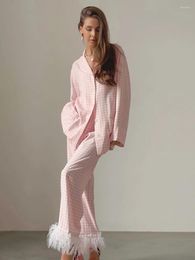 Women's Sleepwear Marthaqiqi Feathers Patchwork Ladies Pajama Set Long Sleeve Turn-Down Collar Nightwear Pants Causal Femme Nightie Suit