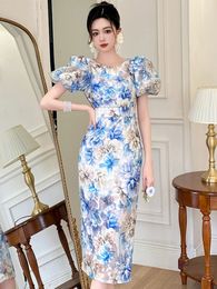 Basic Casual Dresses New Women's Elegant Princess Palace Style Sweet Midi Dresses Blue Floral Puff Sleeves Slit Robe Femme Party Holiday Vestido 2024