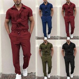 Jumpsuit Men Overalls Casual Fashion Work Wear Men Stylish Short Sleeve Pockets Drawstring Zip Jumpsuit Coverall Work Clothes X061207Q