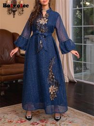 Ethnic Clothing Botvotee Sequins Muslim Dress For Women 2023 Fashion Elegant Vintage Chic Embroidery High Waist Long Sleeve