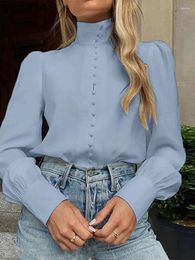 Women's Blouses VONDA Women Fashion Casual Blouse Summer Long Sleeve Elegant Shirts 2024 Stand Collar Buttons Solid Colour Loose Tunic Top