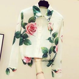Women's Blouses Retro Rose Printed Shirt Blouse 2023 Autumn Satin Elegant Long Sleeve Top Trend Blusa Female