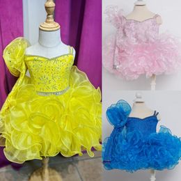 Cute Girl's Glitz Pageant Dress 2024 Long Sleeve 3D Flower Royal Blue Lace Beads Crystal Cupcake Pageant Party Gowns Baby Girl Tiers Toddler Infant Yellow Pink Lace Up