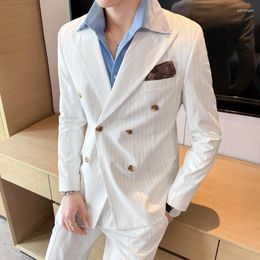 Men's Suits British Style Striped Men Blazers Double Breasted Casual Suit Jacket Slim Wedding Business Office Prom Dress Coat Clothing