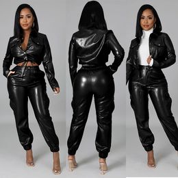 Women Tracksuits Girl's PU Leather Jackets And Pants Slim Fit Crop Tops And Trousers Set 2 Pieces Skinny Tracksuit Ladies Jogging Hoodie Sets
