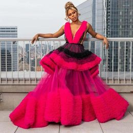 Casual Dresses Amazing Designers Pink Tiered Ruffles Mesh Ball Gowns Sexy Deep V Neck Fully Tutu Pleated A-line Tulle Women