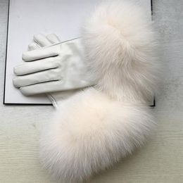 Women's natural big fur genuine leather glove lady's warm natural sheepskin leather plus size white driving glove R2451260g