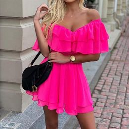 Casual Dresses Elegant Off Shoulder Ruffle Fit Flare Dress Women Solid Summer Mini Sex Club Ladies Party275c