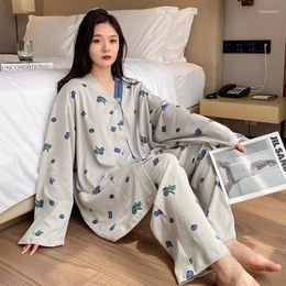 Women's Sleepwear Plus Size 5XL Pyjamas Sets Women Cotton Japanese Simple V Neck Printing Long Sleeve Casual Pyjamas