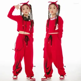 Stage Wear Girls Jazz Dance Modern Costumes Long Sleeved Loose Pants Red Outfits For Kids Hip Hop Dancing Performance Rave Clothes DN16395