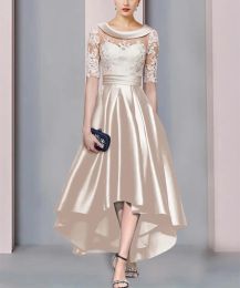 Elegant Hi-Lo Chamapgne Satin A-Line Mother of the Bride Dresses With Sash Asymmetrical Lace Pleats 1/2 Sleeve Godmother Dress for Women