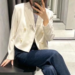 Women's Suits Double Breasted Short Blazer V-Neck Long Sleeve Simple Casual Solid Colour Ladies Temperament Jacket Autumn 2023