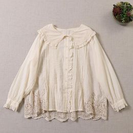 Women's Blouses Cottagecore Mori Girl Lace Embroidery Shirt Loose Wide Victorian Doll Hollowed Transparent Female Tops Camisa Cuello Mujer