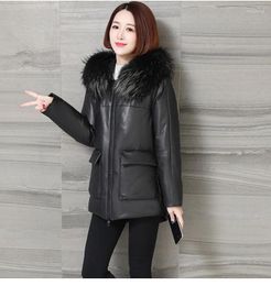 Women's Leather Jacket Raccoon Fur Collar Hooded Coat Female Korean Warm Sheepskin Coats Down2023