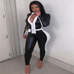 Women's Jumpsuits & Rompers Sexy PU Leather Black White Patchwork Romper Women Jumpsuit Zipper Long Sleeve Pencil Pants Bodyc2749