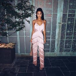 Runway Sexy Jumpsuit Women 2018 Pink Jumpsuit Strappy Sleeveless Tassels Palysuit For Women Rompers V Neck Party Jumpsuits Y190515239r